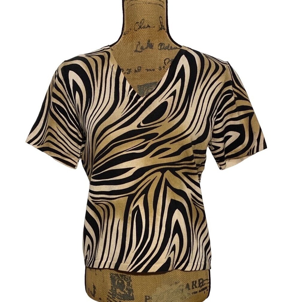 NWT Grace Elements Top MP Beige‎ Tan Black Stripe Animal Silk Blend Knit Ombre
